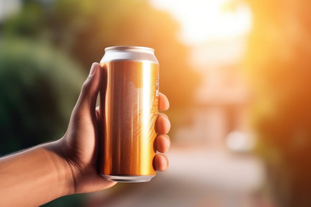 Closeup of a hand opening a soda or beer can under natural sunlight outdoorsの素材