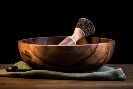 Bowl made of wood with vegan brush and soap for shavingの素材