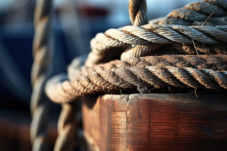 Close up shot of ship s side with tied ropeの素材