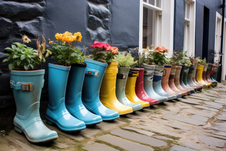 Wellington Boots used as flower pots in Staithes North Yorkshireの素材
