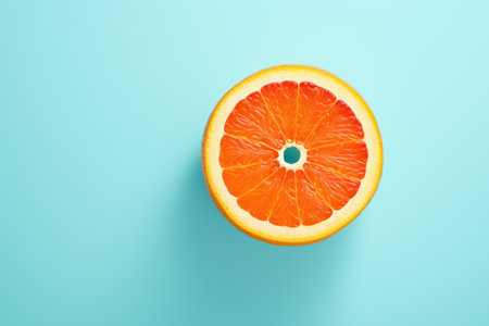 Creative idea for advertising and marketing using orange fruit with target and red dart on blue backの素材
