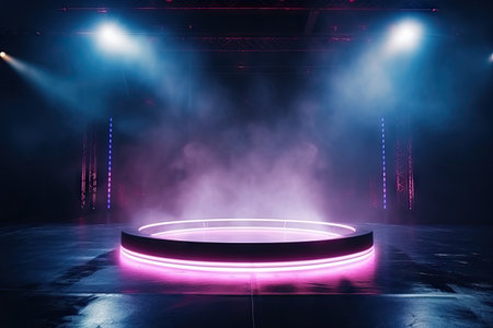 Empty stage room with wet pavement reflection concrete surroundings and hazy neon lights Central neoの素材