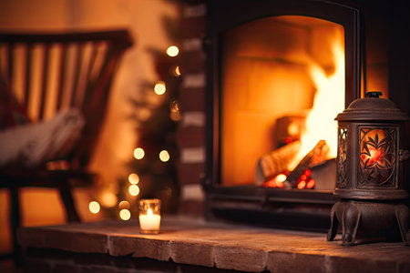 Cozy winter background with a warm fireplace and space for textの素材