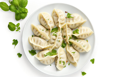 Delicious dumplings plated on a white surfaceの素材