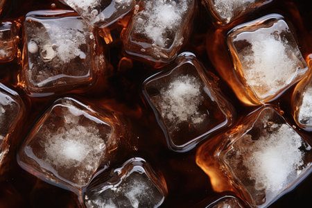 Detailed close up of ice cubes in a soda background showing carbonated soft drink with iceの素材