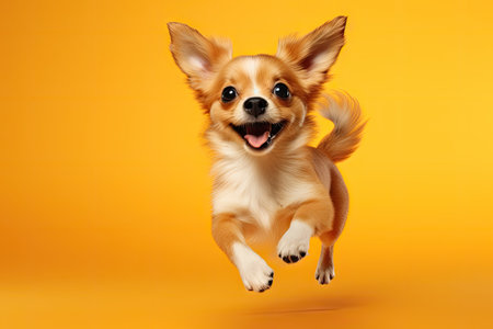 Delighted and funny doggy running with purpose through orange studio background representing motionの素材