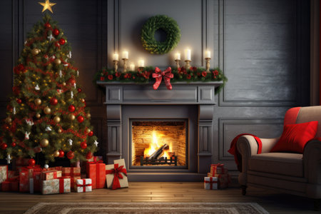 Decorated fireplace and Christmas tree in home s living room interiorの素材
