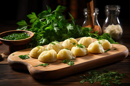 Dumpling with potatoes Making them on a wooden boardの素材