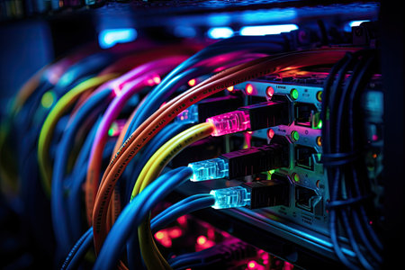 Detailed view of computer network system cables and wiresの素材