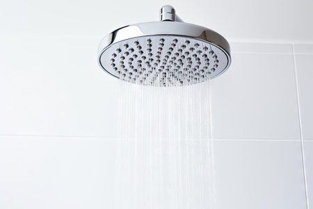Conveniently held shower head on a white background mounted on wall faucetの素材