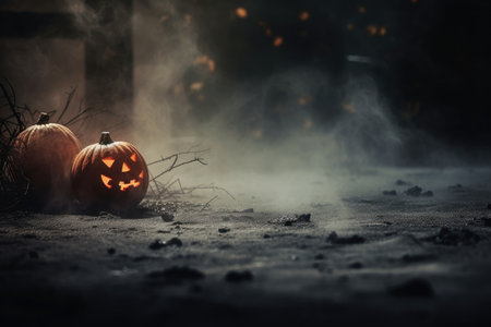 Defocused smoke on a dark Halloween background obscures foggy cementの素材
