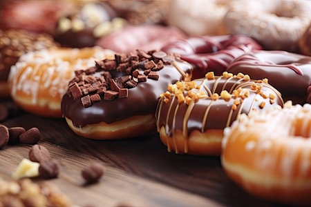 Donuts with coffee candies on wooden background party food concept Banner with copy spaceの素材