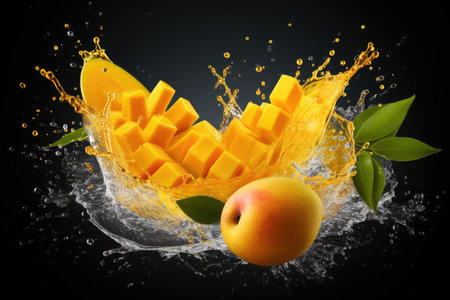 Fresh juice splash from tropical fruits realistic yellow mango and papayaの素材