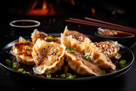 Fried Japanese gyoza dumplings served with soy sauce on a black background in a close upの素材