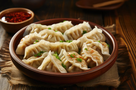 Fresh Chinese dumplings on a rustic wooden backgroundの素材