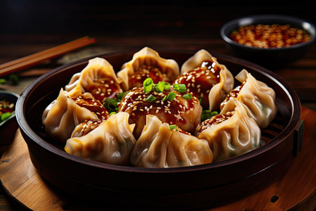 Famous Chinese appetizer Steamed dumplings with pork and garlic soy sauceの素材