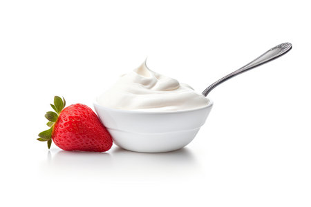 Fresh strawberry on top of plain yogurt isolated on white backgroundの素材