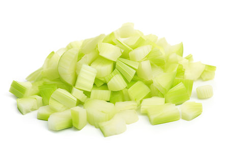 Freshly cut leeks on white background closeup of sliced green leek Chopped fresh vegetablesの素材