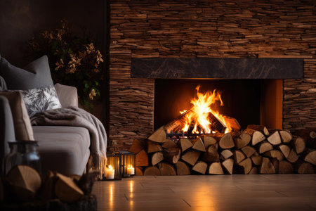 Elegant hearth indoors with bright burning firewoodの素材