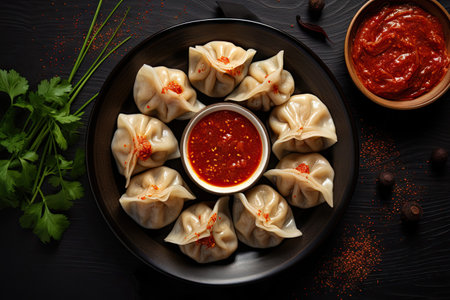 Georgian meat dumplings with spicy sauce top view space for textの素材