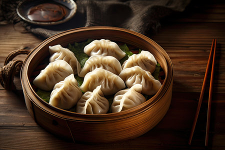 Freshly boiled Chinese dumplings on a vintage wooden backgroundの素材