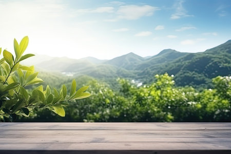 Empty table with blurred mountain backdrop sunny sky and foliageの素材