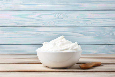 Fresh homemade Greek yogurt in a ceramic bowl on a white wooden background with room for adding textの素材