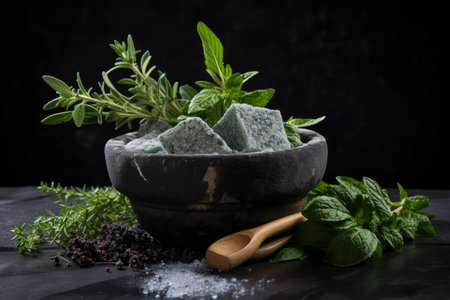 Herbs in mortar on black backgroundの素材
