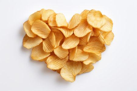 Heart shaped fluted potato chips on white backgroundの素材