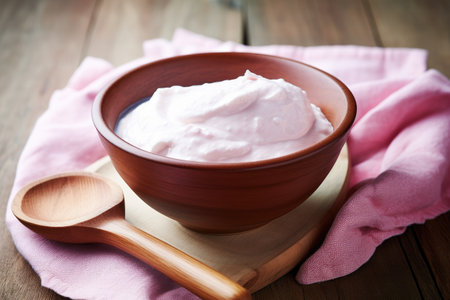 Health concept of yoghurt Plain yoghurt in wooden bowl on wooden background with pink cotton and spoの素材
