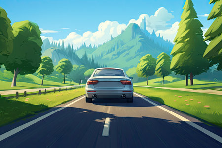 Gray car with traffic on road island with grass and green trees environment under bright skyの素材