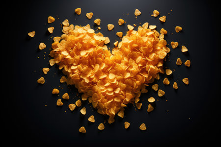 Heart shaped potato chips floating through the airの素材