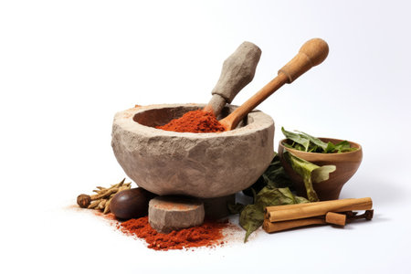 Isolated stone mortar on white with tool for Thai chili curryの素材
