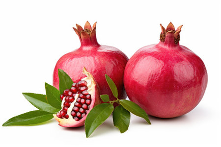 Isolated ripe pomegranates with leaves on a white backgroundの素材