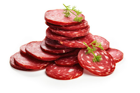Isolated salami slices on white backgroundの素材