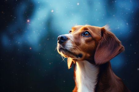 Intelligent and adorable canine gazing upwards against a scenic cosmic backdropの素材