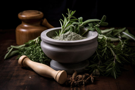 Grind sage and rosemary with a mortar and pestleの素材