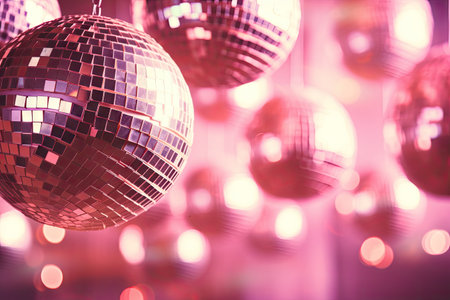 Indoor disco balls in pink room for textの素材