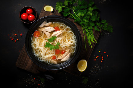 Homemade chicken noodle soup on table black background top view Copy spaceの素材