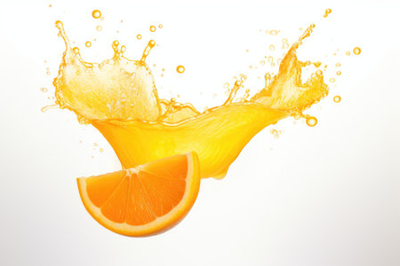 Isolated white background with splashing orange juice and fruitの素材