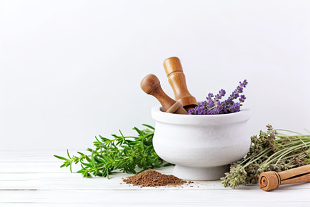 Healing herbs placed on wooden tableの素材