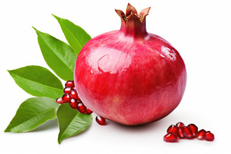 Isolated pomegranate with seeds and leaves on white backgroundの素材