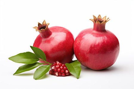 Isolated pomegranates with leaves on white backgroundの素材