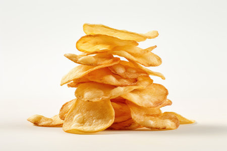Irregularly shaped crunchy potato chips stack on whiteの素材