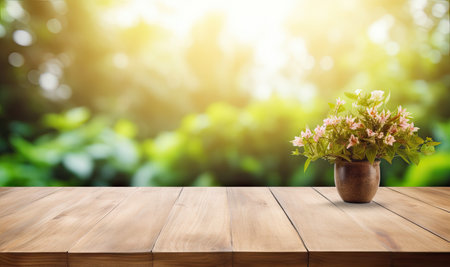 Morning background with a wood table top and garden flowers visible through a blurry window Ideal foの素材