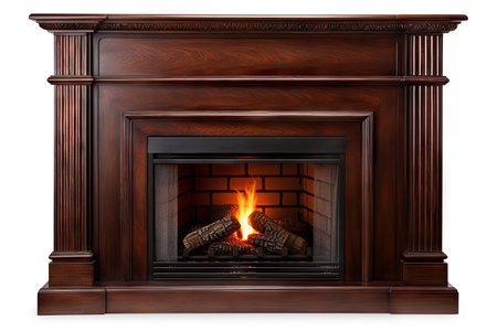 Isolated dark wood fireplace on whiteの素材