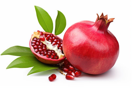 Isolated pomegranate section with leaves on white backgroundの素材