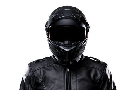 Motorcycle rider in black helmet posing on white backgroundの素材