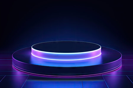 Minimal abstract scene with empty stage circle podiums on dark blue background and neon disco lightの素材