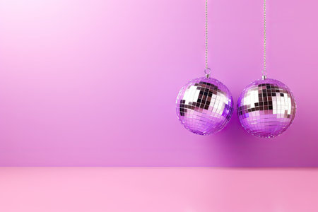 Modern postcard with text space featuring lovely disco balls on a lilac backdropの素材